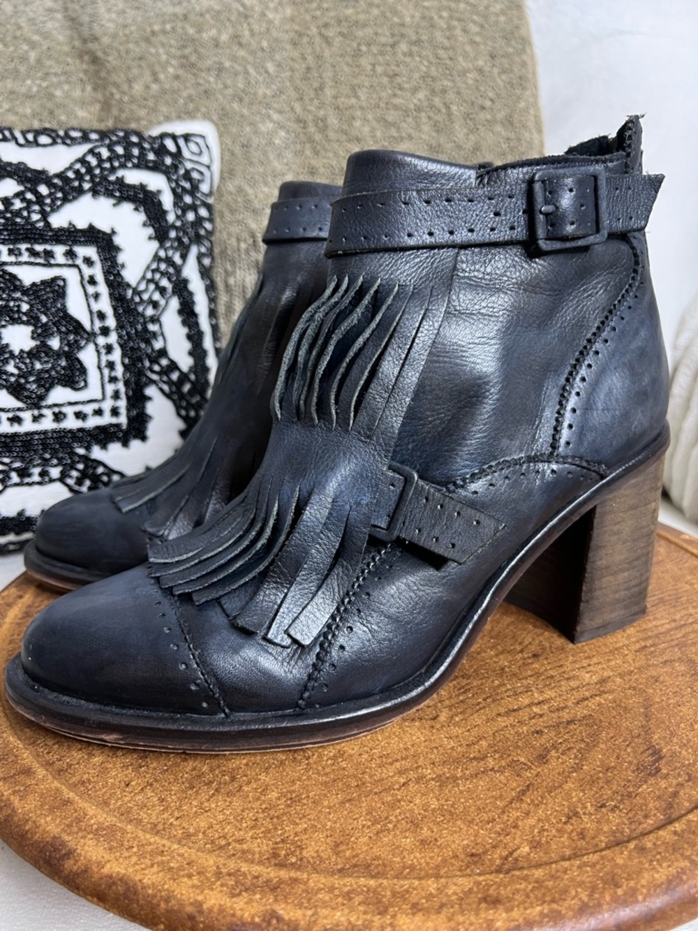 Free People Circle Back 38 Black Leather Fringe Ankle Boots Boho Western